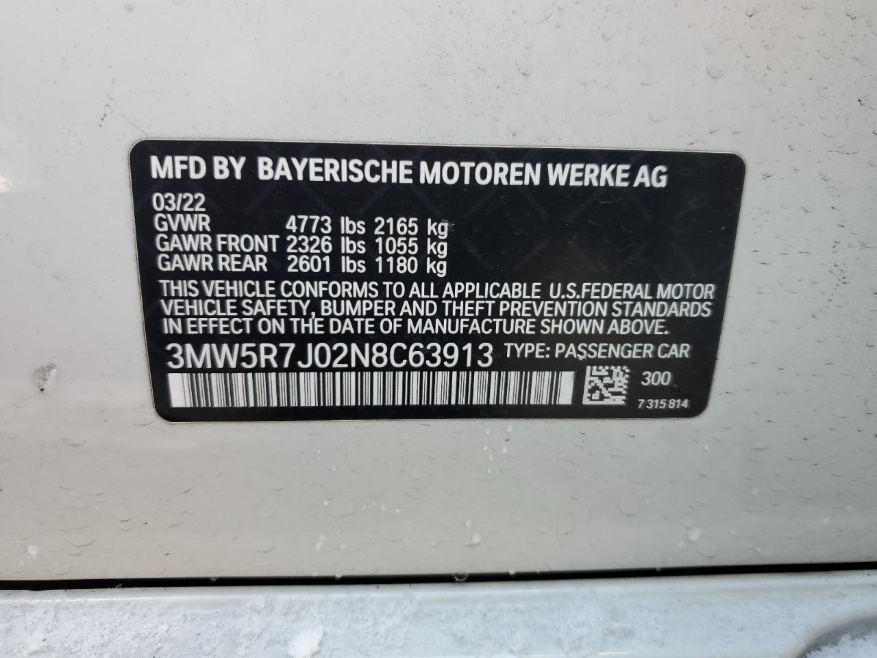2022 BMW 330XI VIN:3MW5R7J02N8C63913
