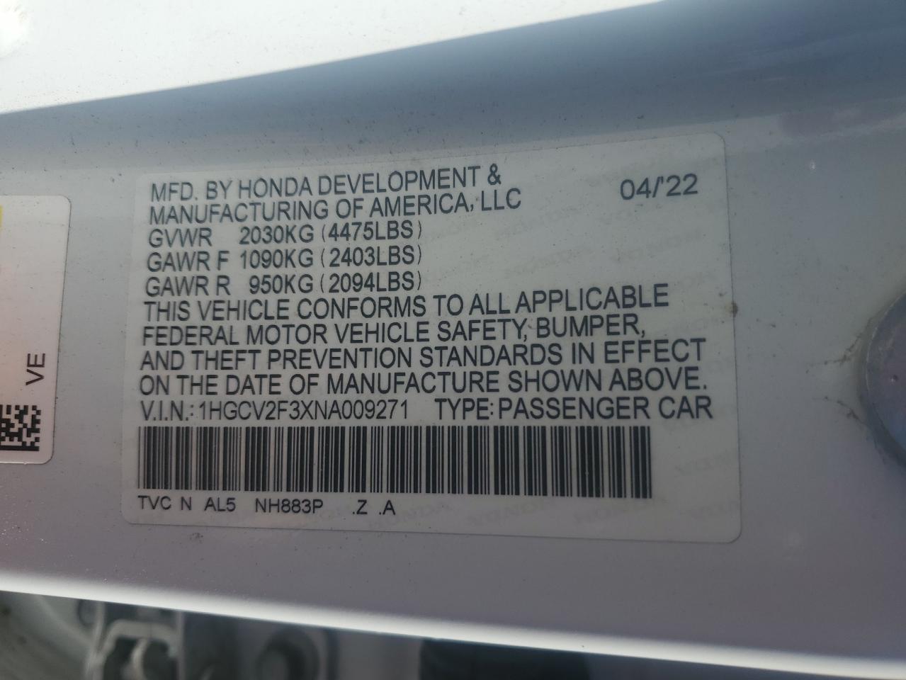 2022 HONDA ACCORD SPORT VIN:1HGCV2F3XNA009271