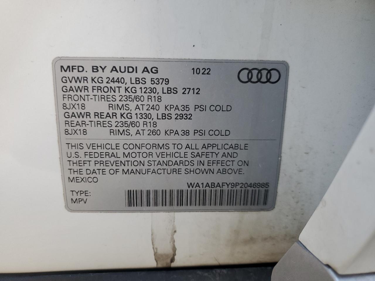 2023 AUDI Q5 PREMIUM 40 VIN:WA1ABAFY9P2046985