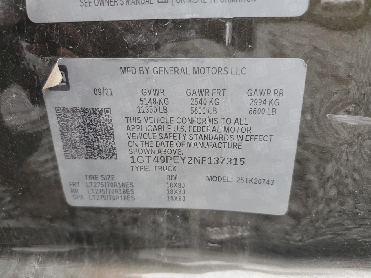 2022 GMC SIERRA K2500 AT4 VIN:1GT49PEY2NF137315