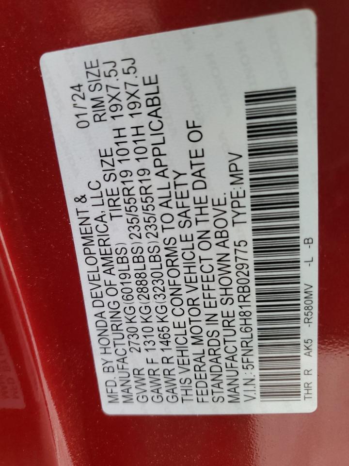 2024 HONDA ODYSSEY TOURING VIN:5FNRL6H81RB029775