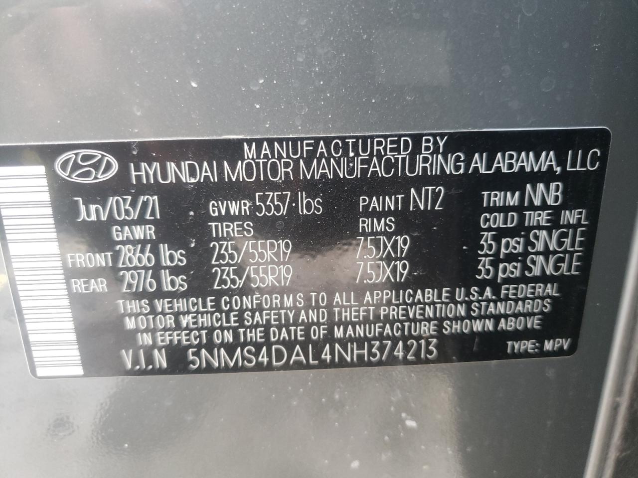 2022 HYUNDAI SANTA FE LIMITED VIN:KNDP6CAC1L7774938