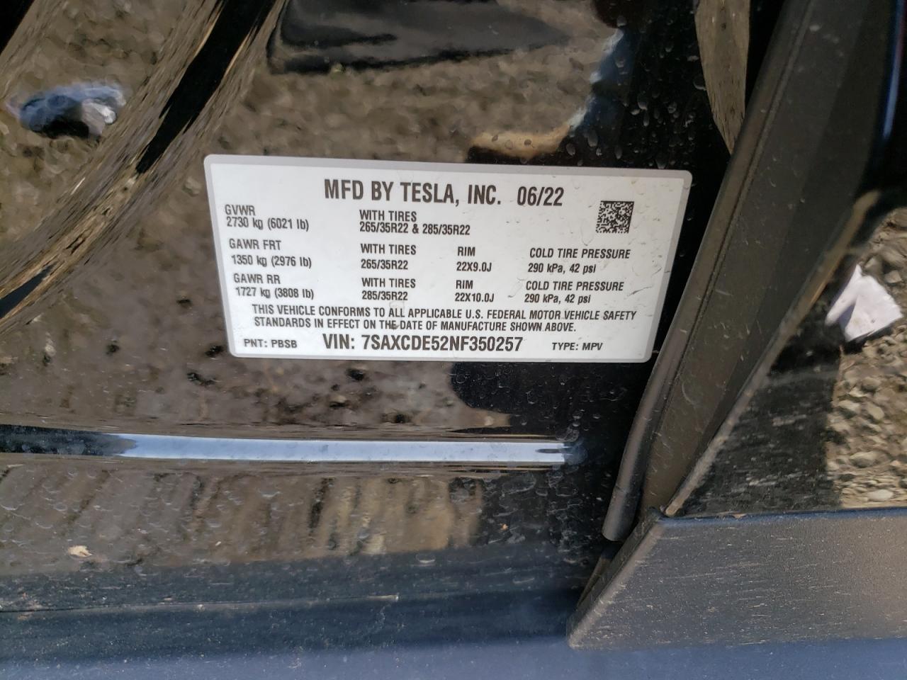 2022 TESLA MODEL X VIN:7SAXCDE52NF350257