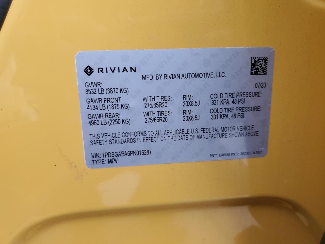 2023 RIVIAN R1S ADVENTURE VIN:WP0AA2A8XNS255297