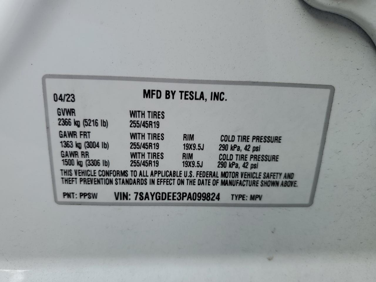 2023 TESLA MODEL Y VIN:7SAYGDEE3PA099824