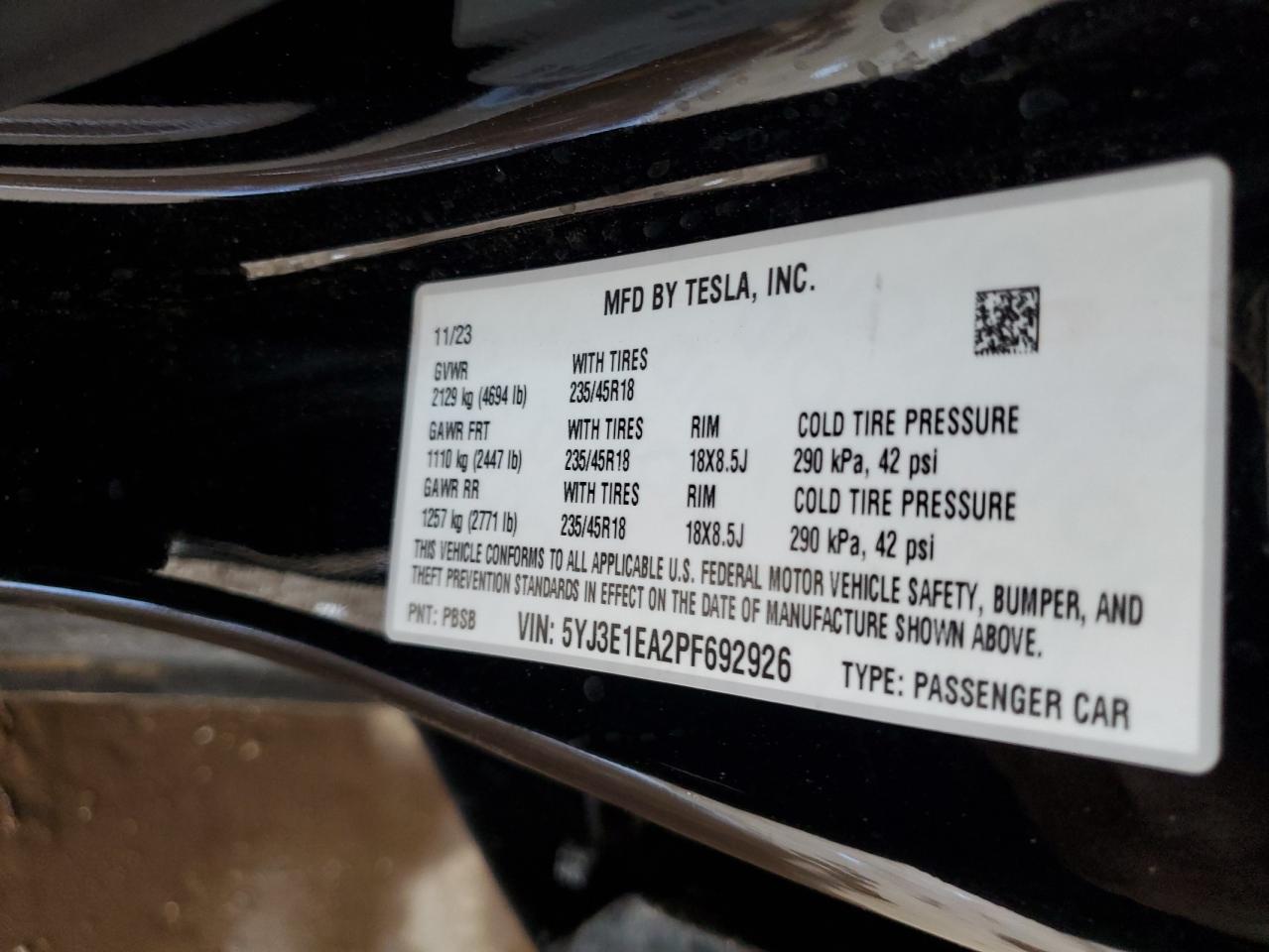 2023 TESLA MODEL 3 VIN:5YJ3E1EA2PF692926