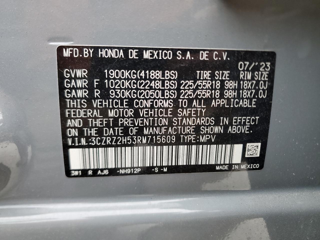 2024 HONDA HR-V SPORT VIN:3CZRZ2H53RM715609