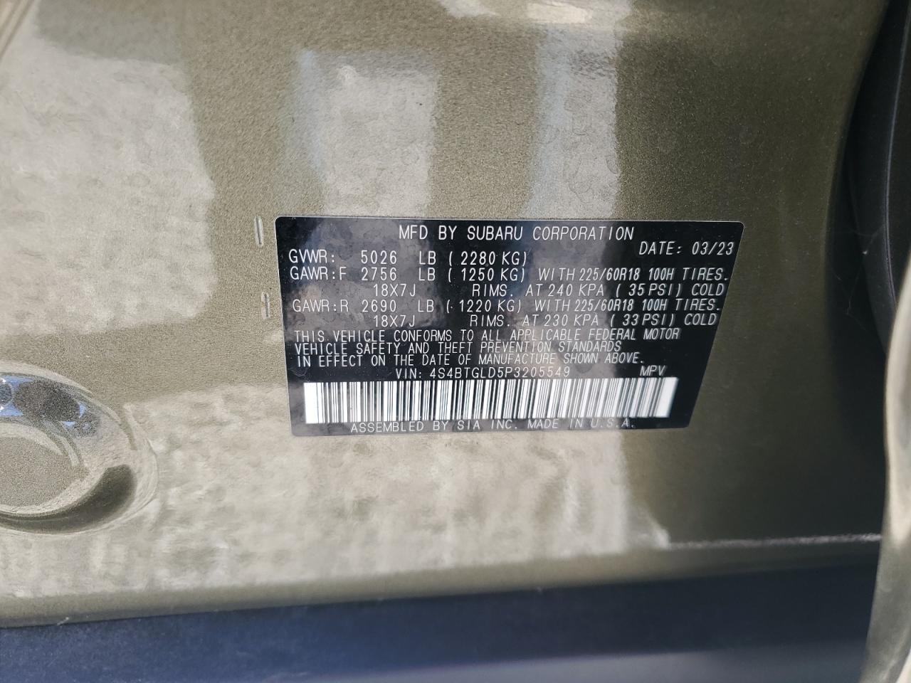 2023 SUBARU OUTBACK ONYX EDITION XT VIN:4S4BTGLD5P3205549