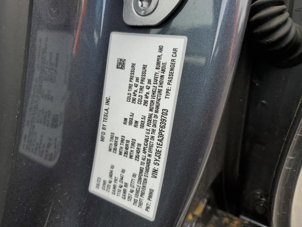 2023 TESLA MODEL 3 VIN:5YJ3E1EA3PF639703
