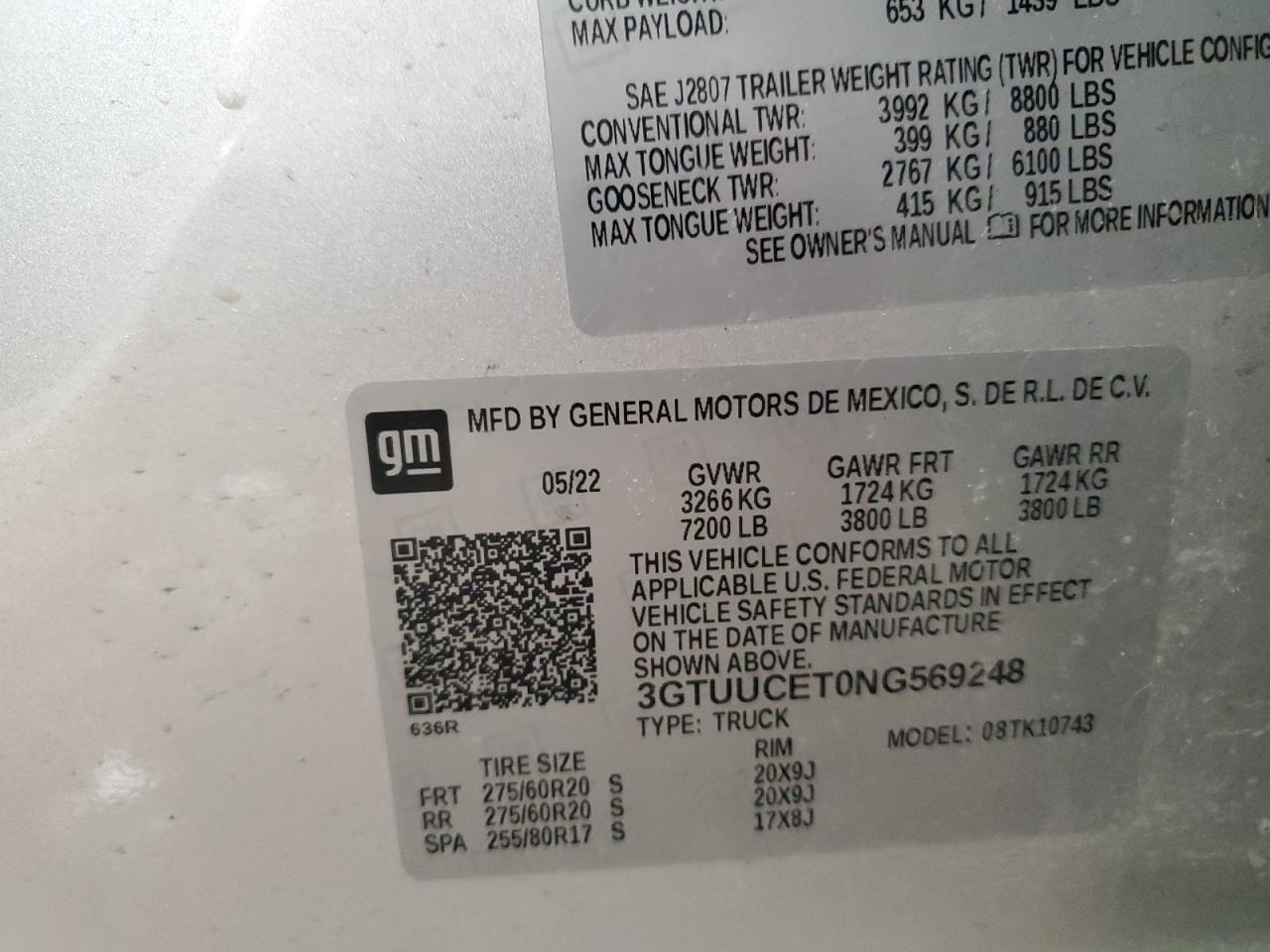 2022 GMC SIERRA K1500 ELEVATION VIN:3GTUUCET0NG569248