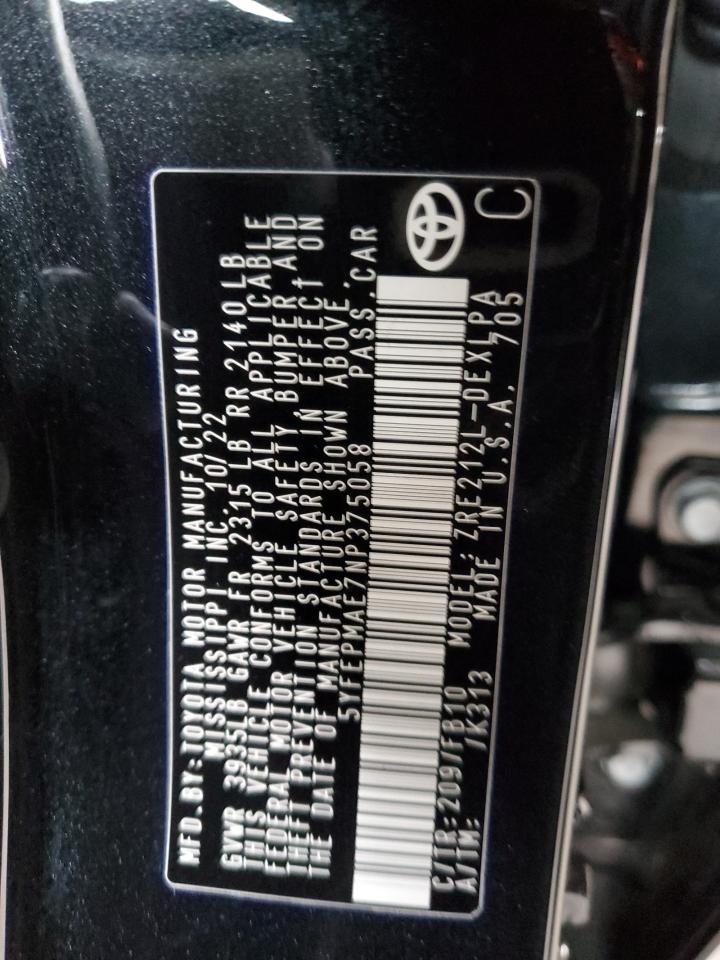 2022 TOYOTA COROLLA LE VIN:5YFEPMAE7NP375058