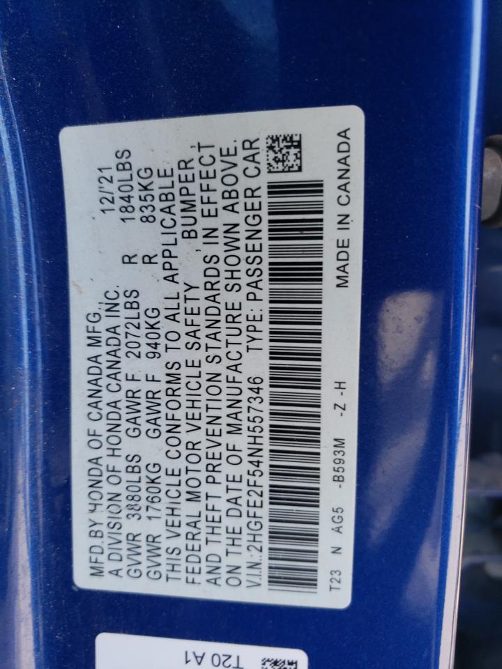 2022 HONDA CIVIC SPORT VIN:2HGFE2F54NH557346