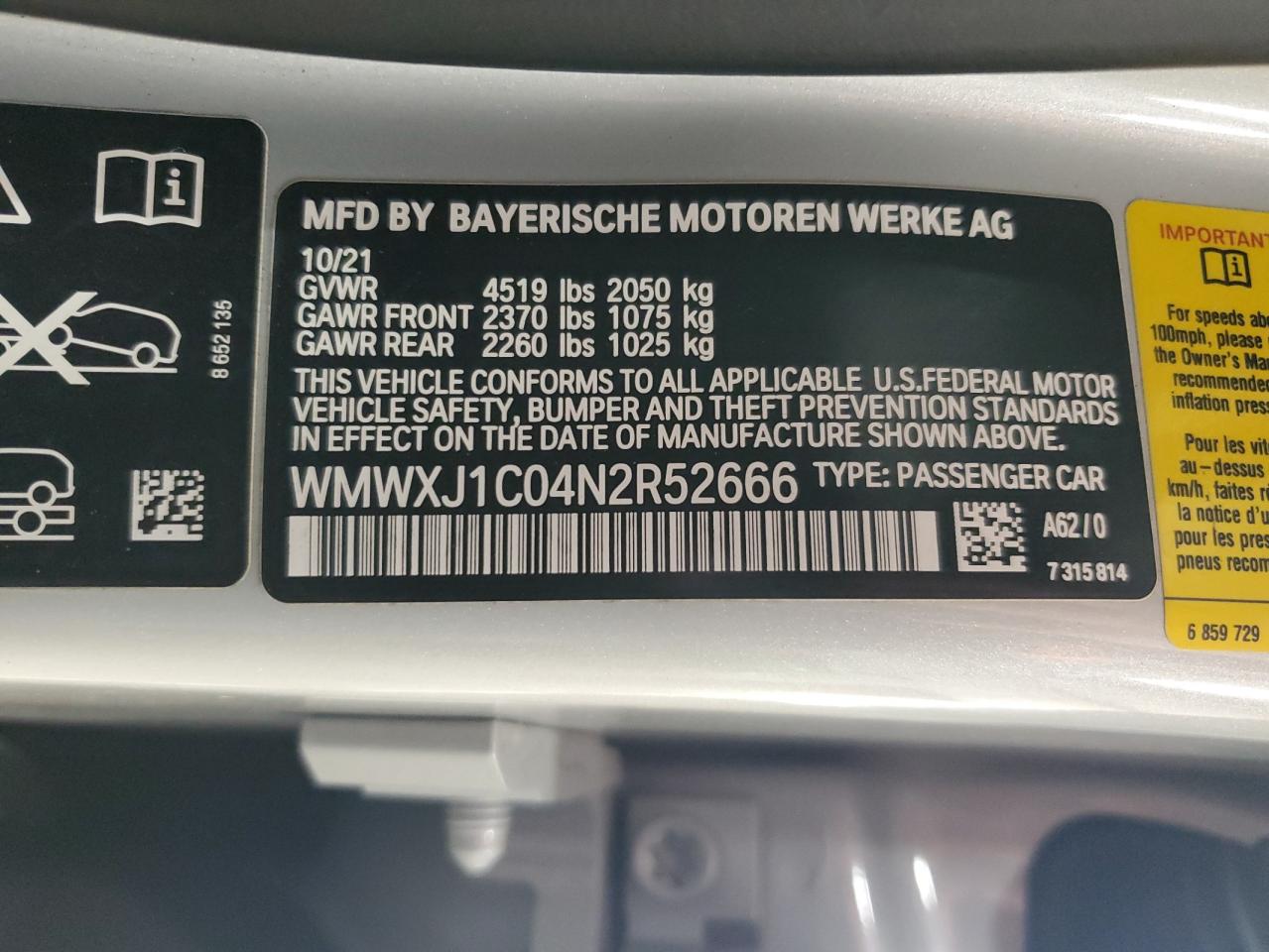 2022 MINI COOPER S CLUBMAN ALL4 VIN:WMWXJ1C04N2R52666