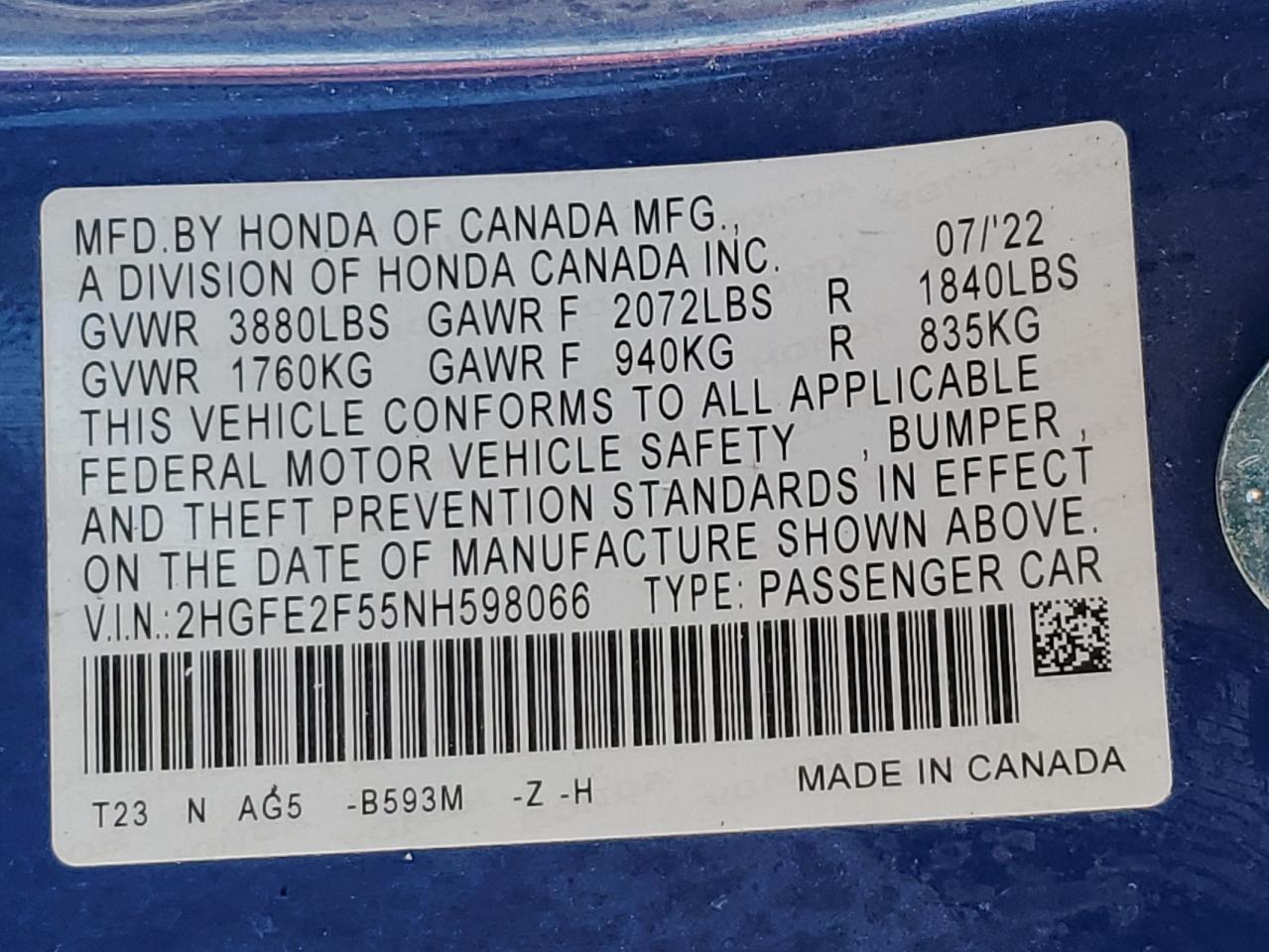 2022 HONDA CIVIC SPORT VIN:2HGFE2F55NH598066
