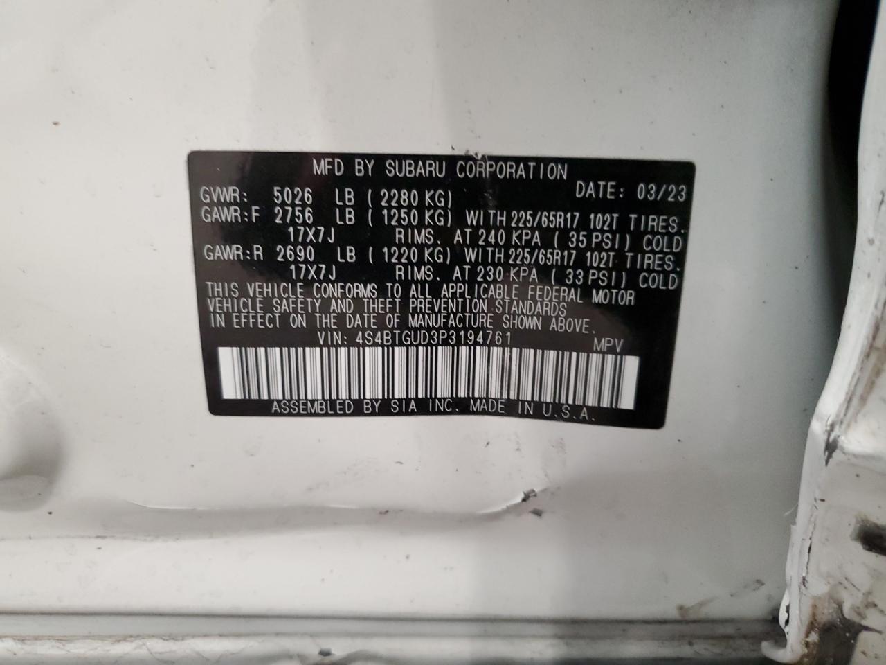 2023 SUBARU OUTBACK WILDERNESS VIN:4S4BTGUD3P3194761