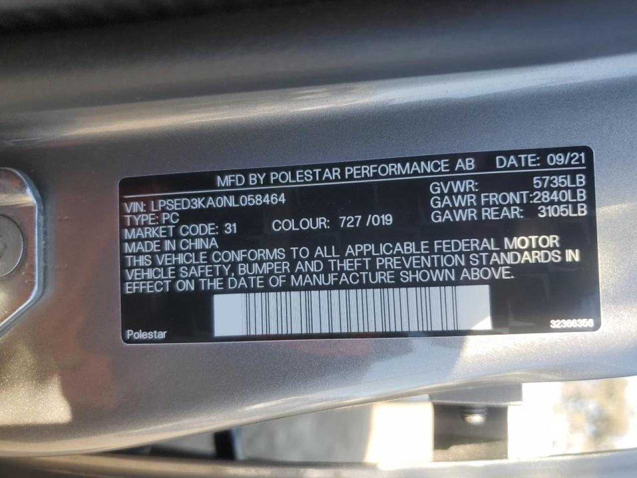 2022 POLESTAR 2 VIN:LPSED3KA0NL058464