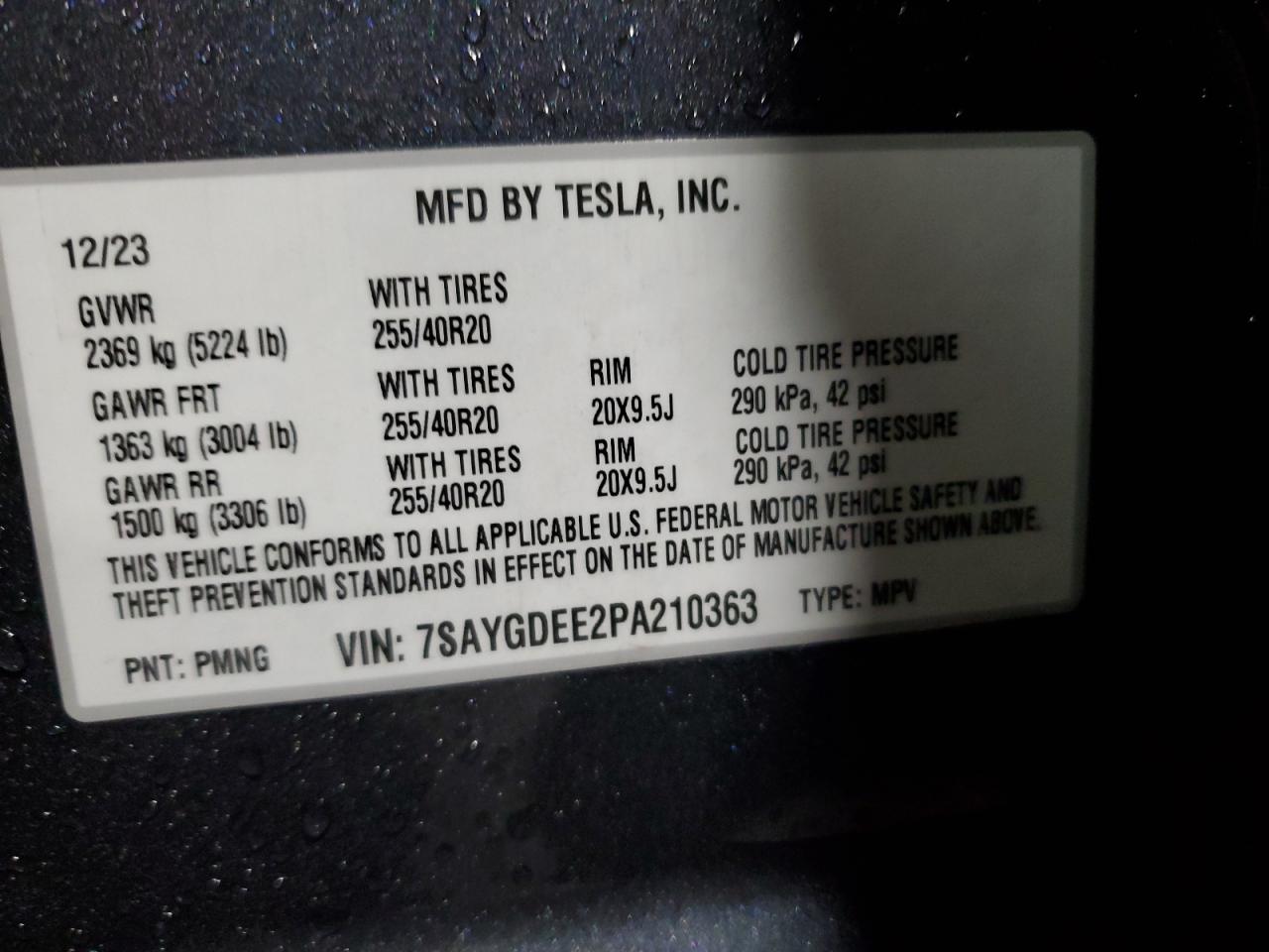 2023 TESLA MODEL Y VIN:7SAYGDEE2PA210363