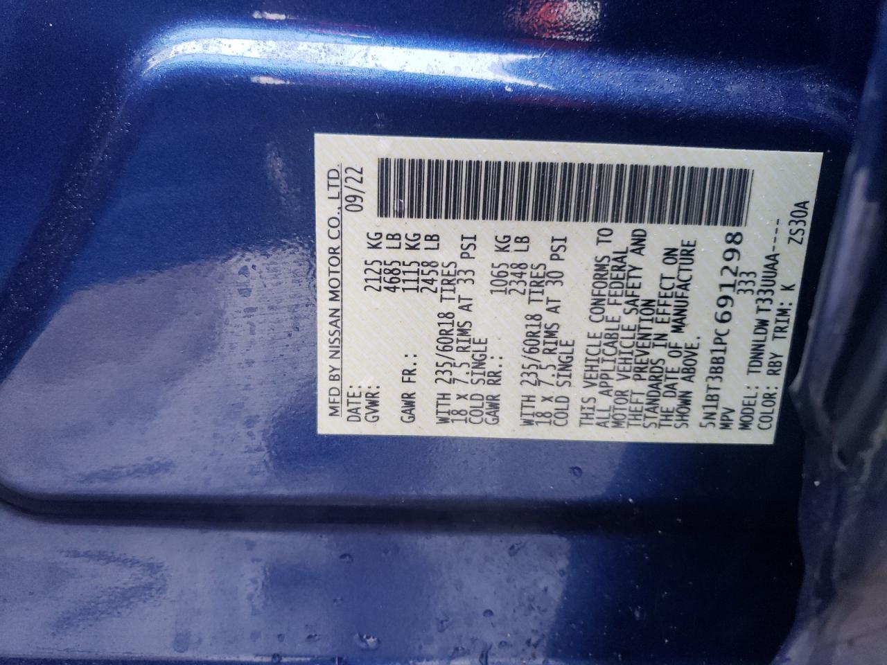 2023 NISSAN ROGUE SV VIN:5N1BT3BB1PC691298