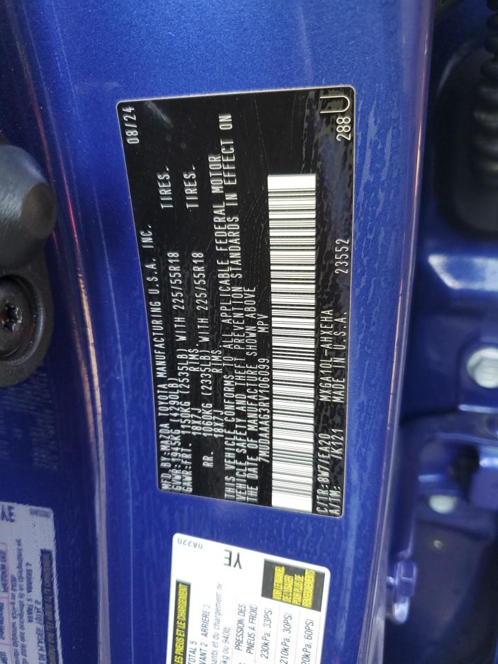 2024 TOYOTA COROLLA CROSS XLE VIN:7MUDAAAG3RV106099