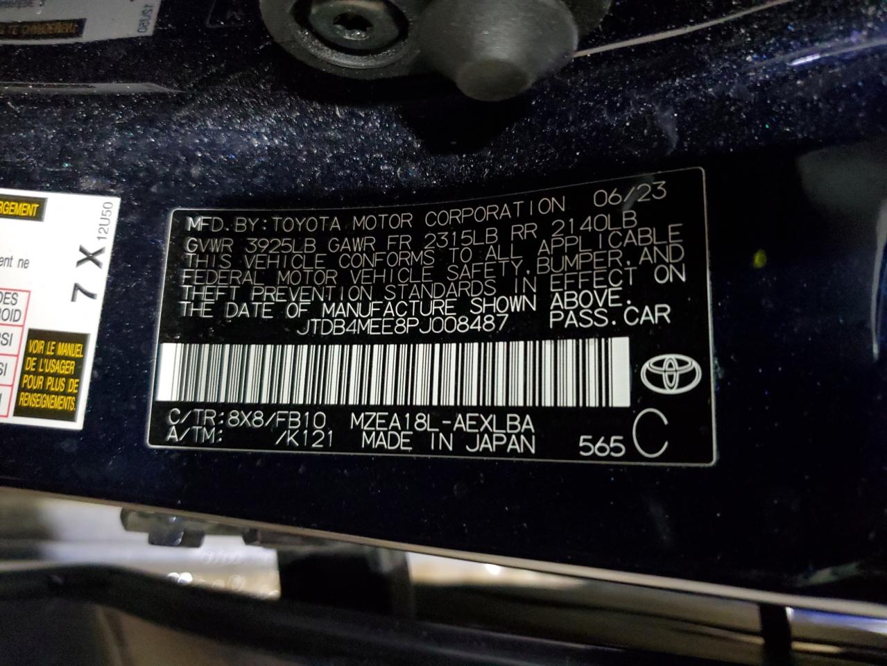 2023 TOYOTA COROLLA LE VIN:JTDB4MEE8PJ008487