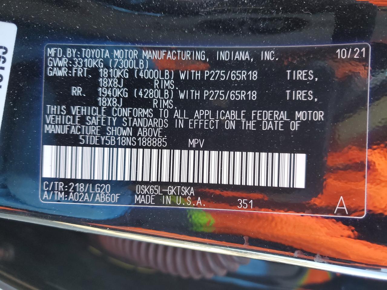 2022 TOYOTA SEQUOIA SR5 VIN:5TDEY5B18NS188885