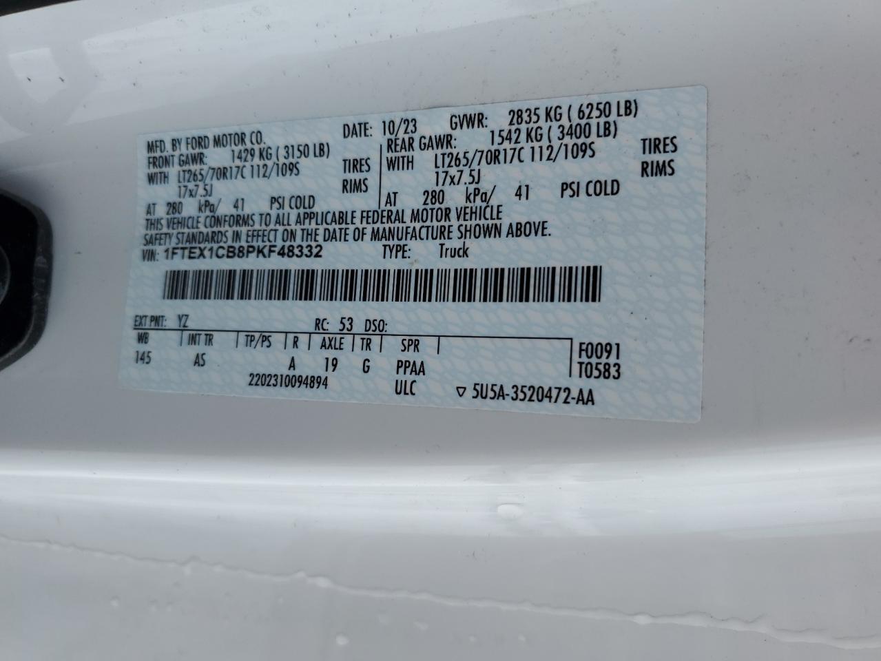 2023 FORD F150 SUPER CAB VIN:1FTEX1CB8PKF48332