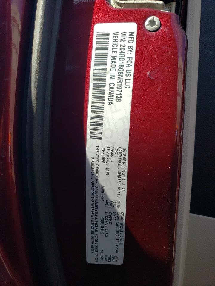 2022 CHRYSLER PACIFICA TOURING L VIN:2C4RC1BG8NR197138