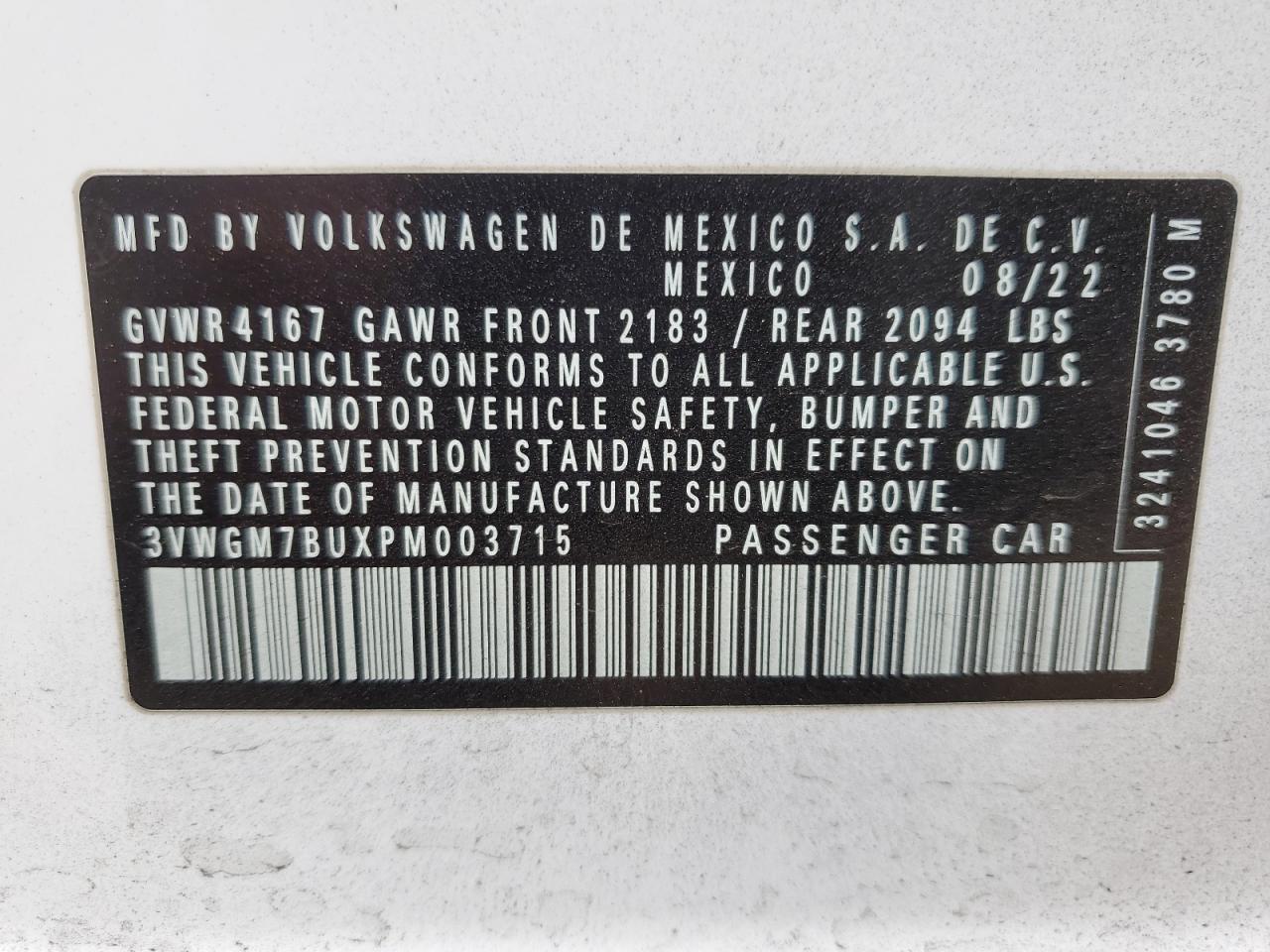2023 VOLKSWAGEN JETTA SEL VIN:3VWGM7BUXPM003715