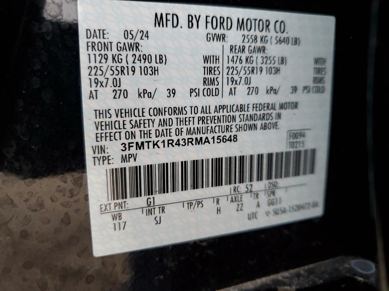 2024 FORD MUSTANG MACH-E SELECT VIN:3FMTK1R43RMA15648