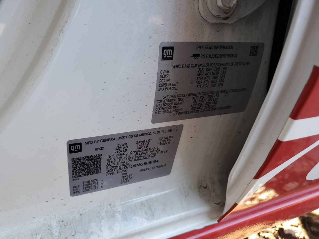 2022 GMC SIERRA K1500 SLT VIN:3GTUUDED9NG508804