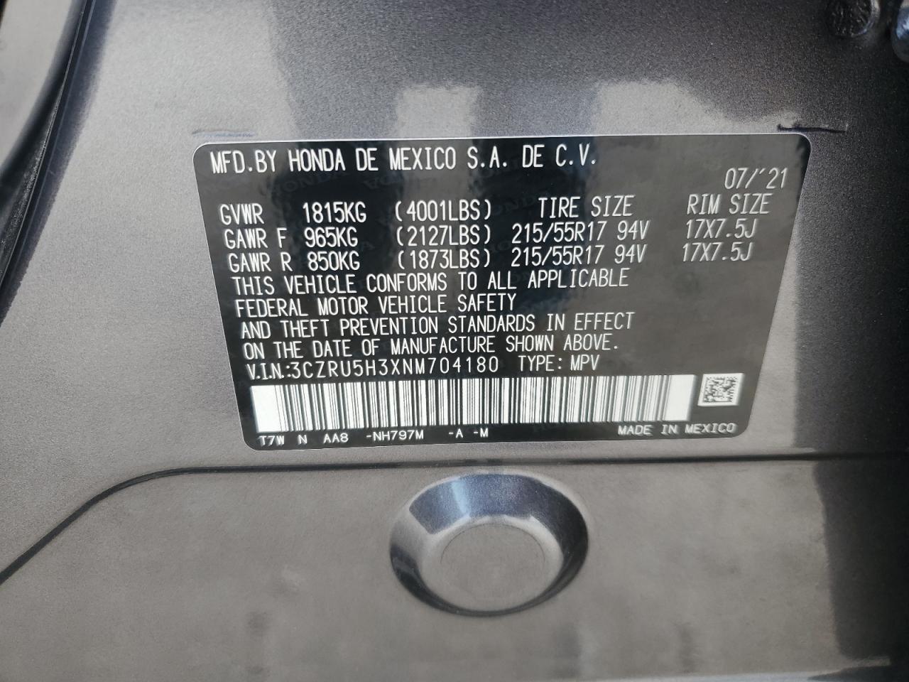 2022 HONDA HR-V LX VIN:3CZRU5H3XNM704180