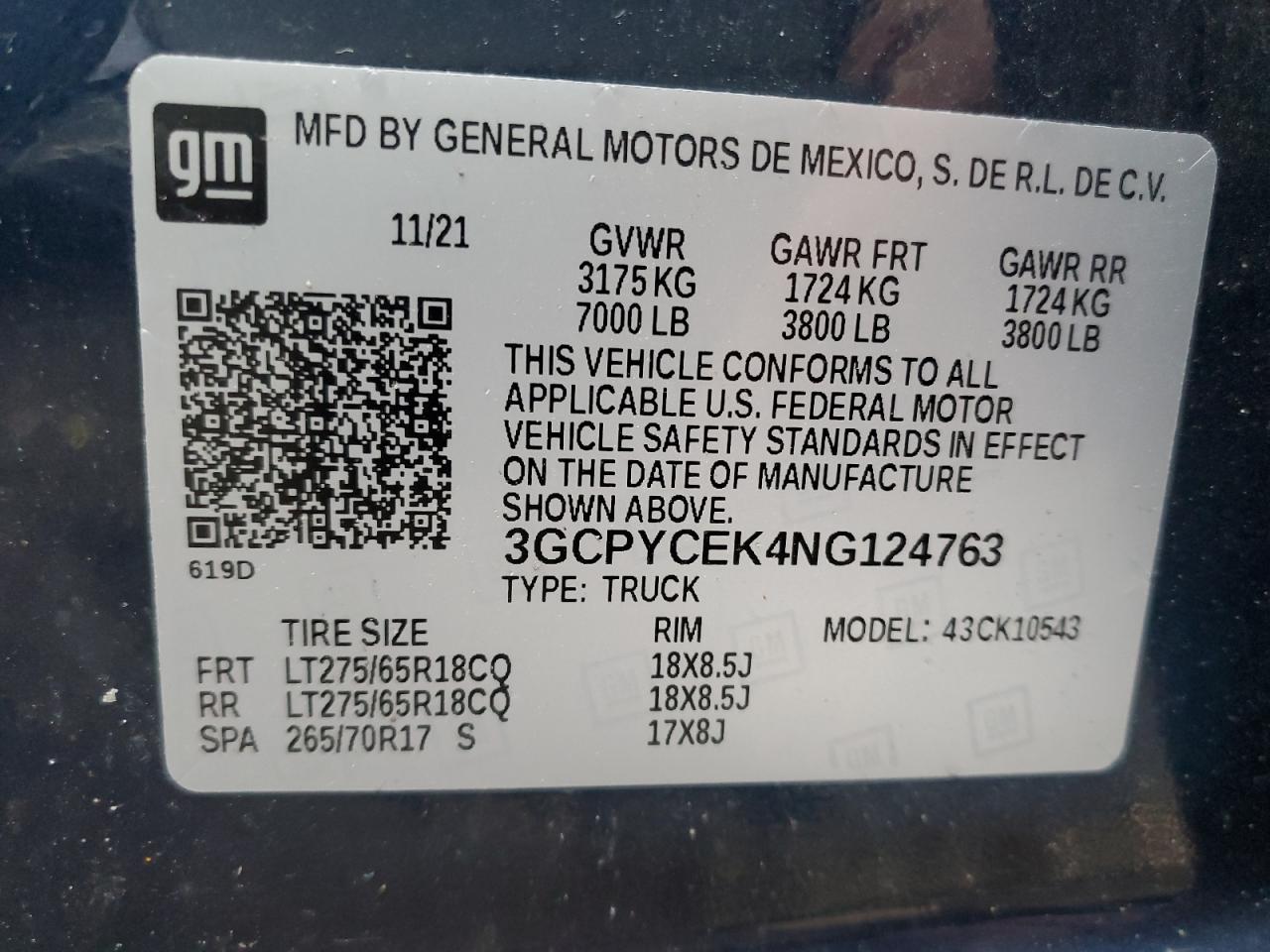 2022 CHEVROLET SILVERADO LTD K1500 TRAIL BOSS CUSTOM VIN:3GCPYCEK4NG124763