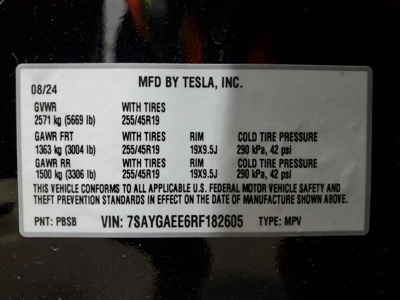 2024 TESLA MODEL Y VIN:7SAYGAEE6RF182605