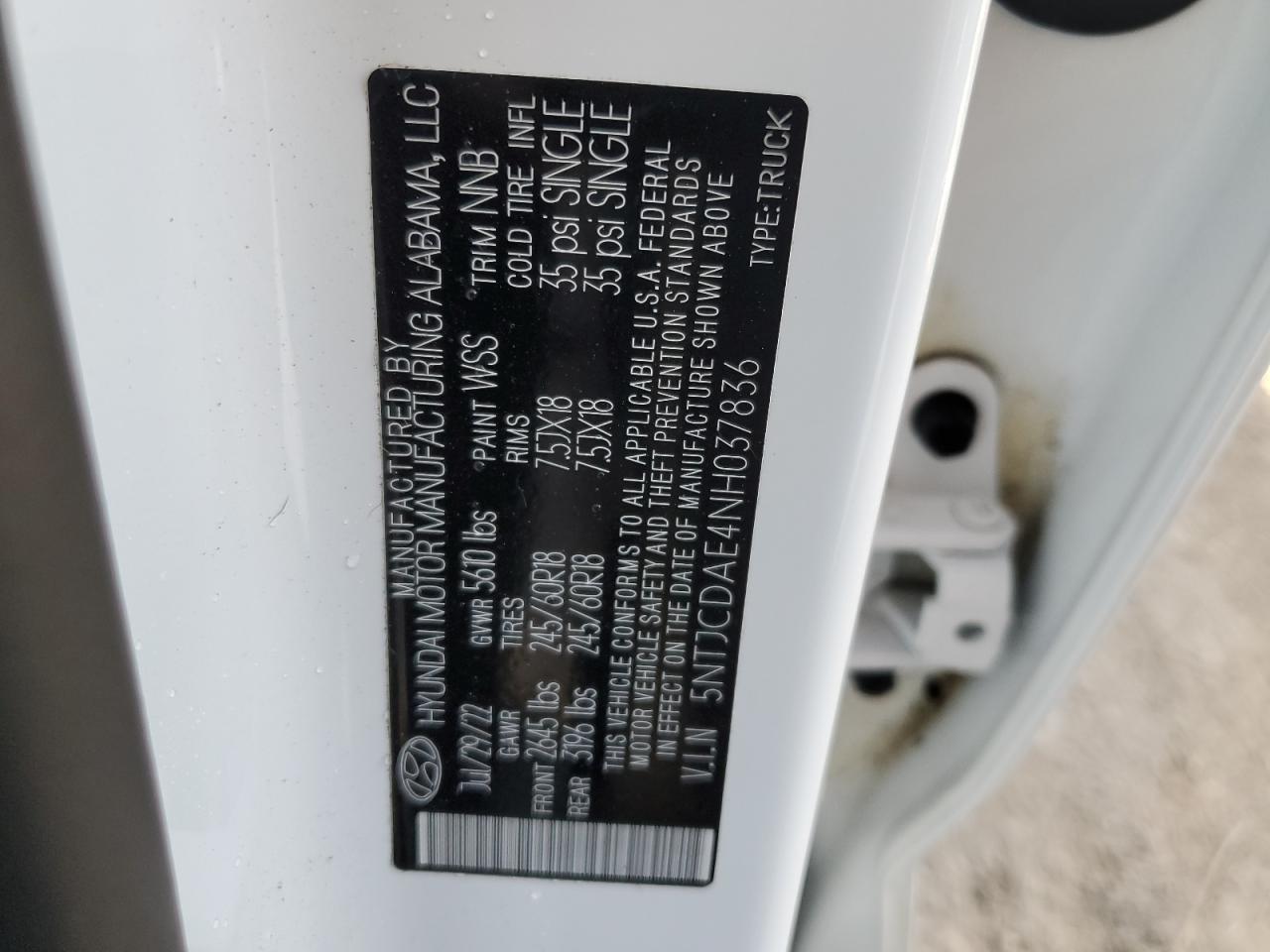 2022 HYUNDAI SANTA CRUZ SEL VIN:5NTJCDAE4NH037836