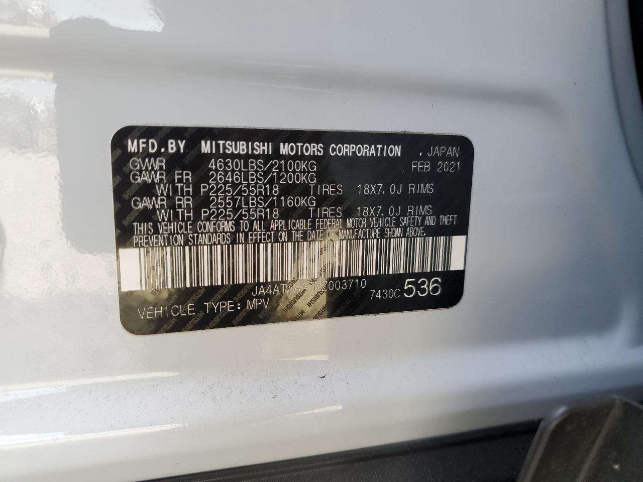 2022 MITSUBISHI ECLIPSE CROSS SE VIN:JA4ATWAA7NZ003710