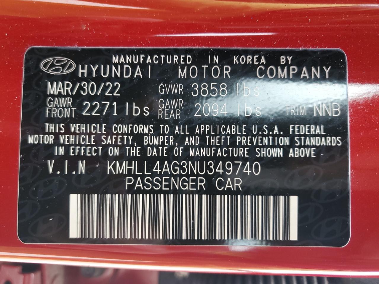 2022 HYUNDAI ELANTRA SE VIN:KMHLL4AG3NU349740