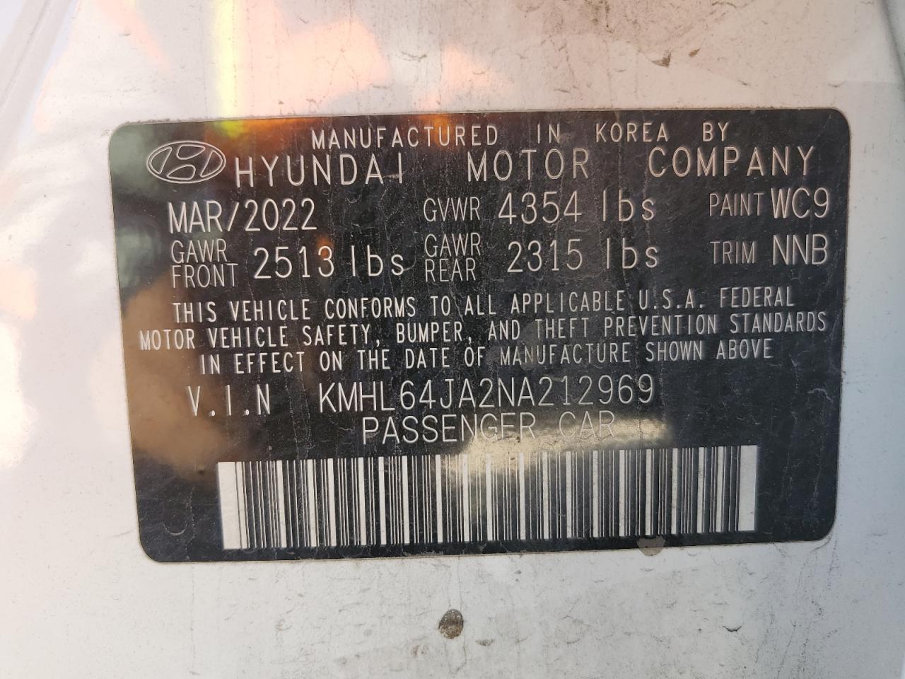 2022 HYUNDAI SONATA SEL VIN:KMHL64JA2NA212969