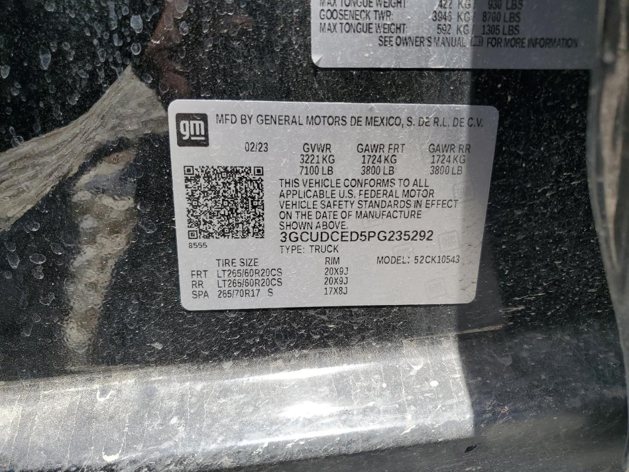 2023 CHEVROLET SILVERADO K1500 TRAIL BOSS CUSTOM VIN:3GCUDCED5PG235292