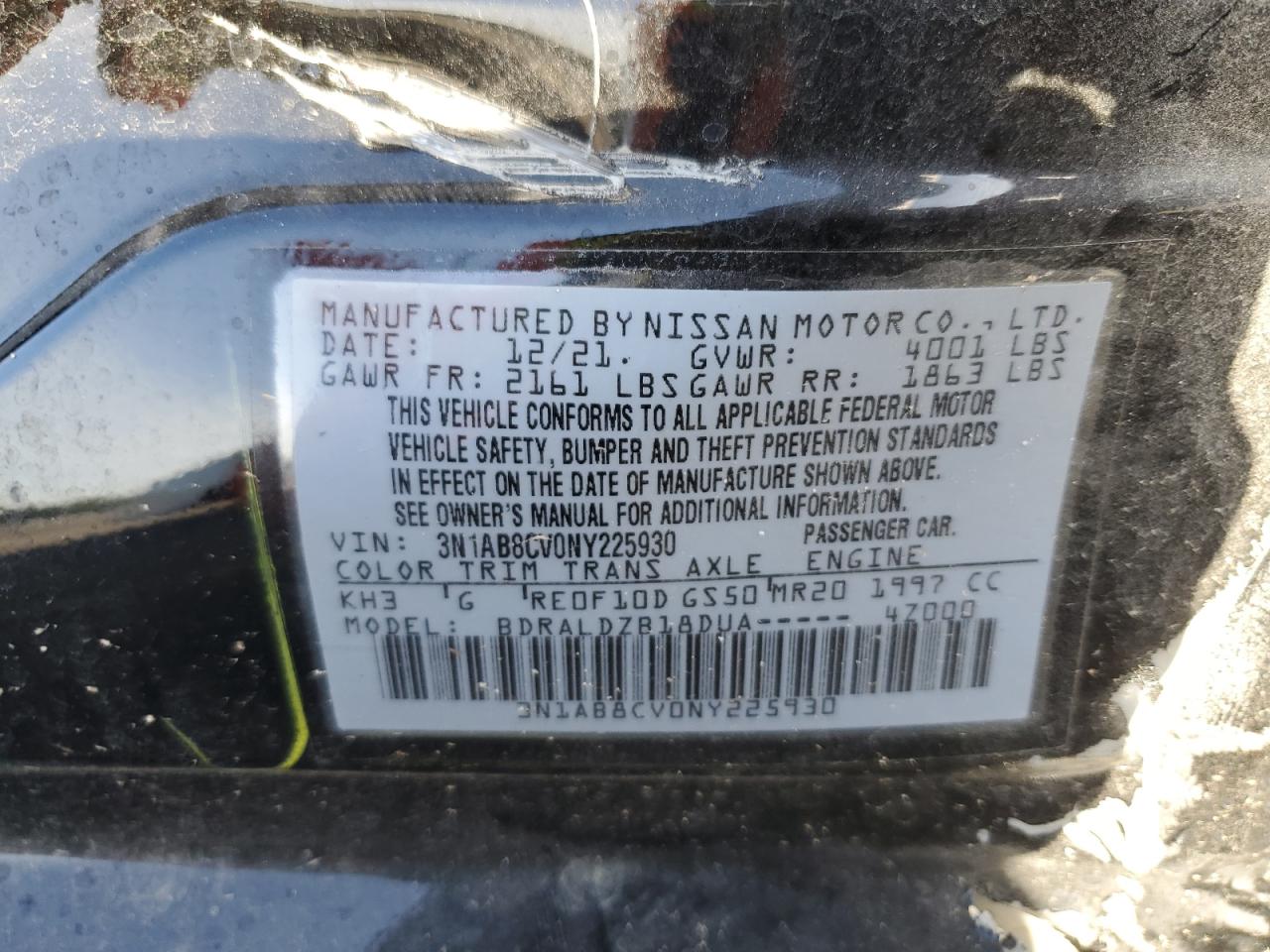 2022 NISSAN SENTRA SV VIN:3N1AB8CV0NY225930