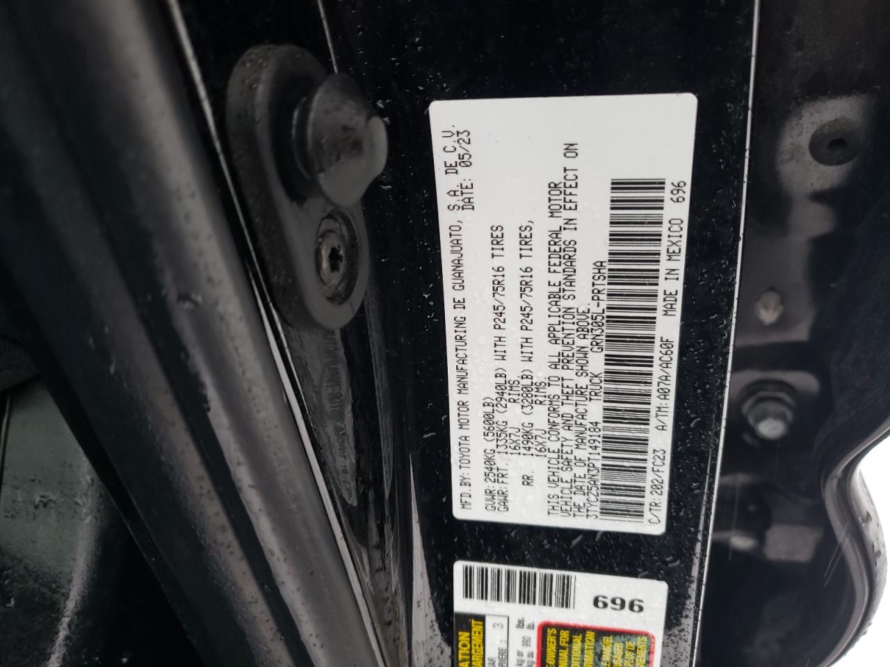 2023 TOYOTA TACOMA DOUBLE CAB VIN:3TYCZ5AN3PT149184