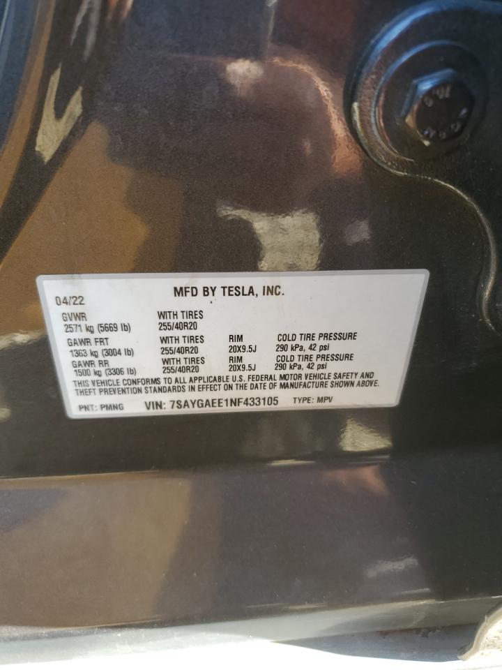 2022 TESLA MODEL Y VIN:7SAYGAEE1NF433105