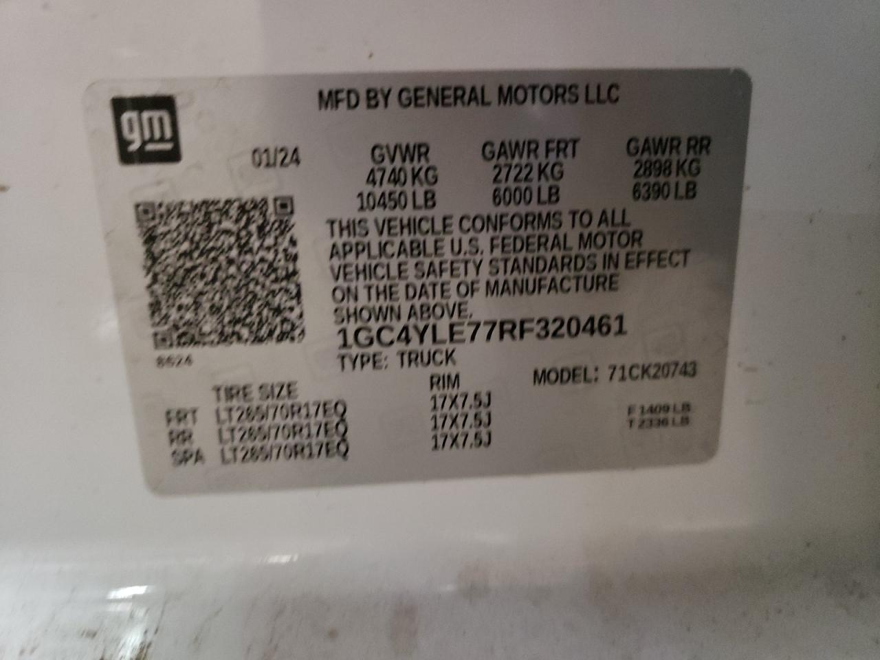 2024 CHEVROLET SILVERADO K2500 HEAVY DUTY VIN:1GC4YLE77RF320461