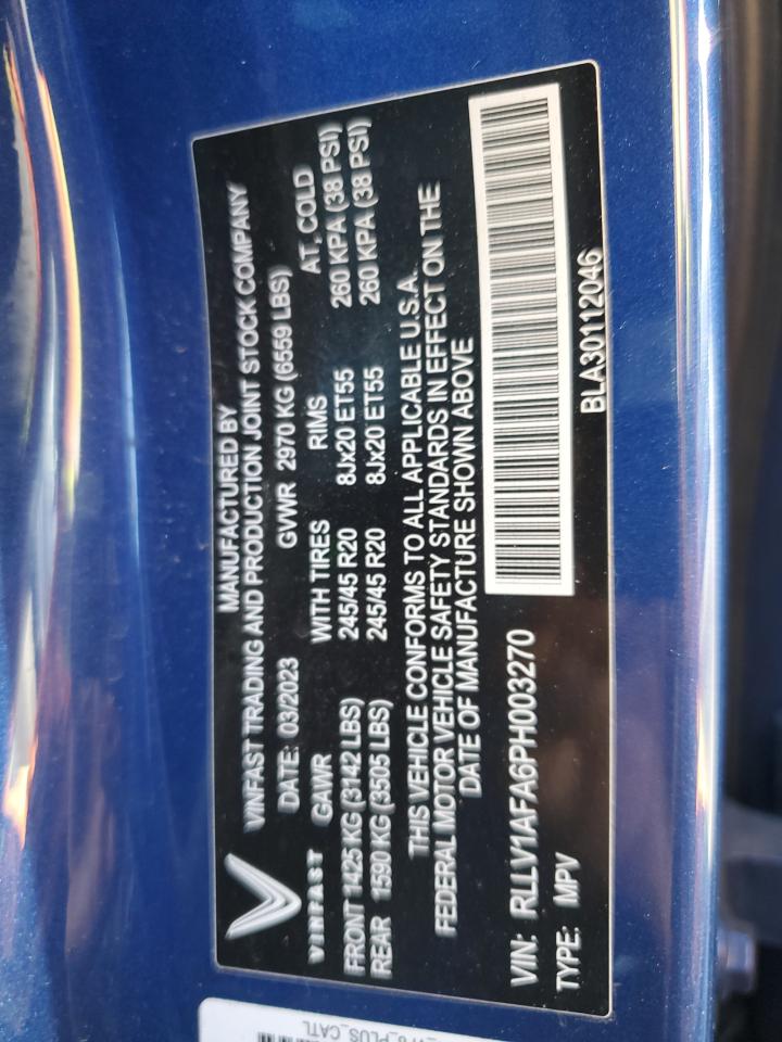 2023 VINFAST TRADING AND PRODUCTION LLC VF 8 PLUS VIN:RLLV1AFA6PH003270