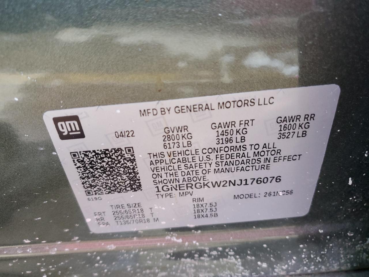 2022 CHEVROLET TRAVERSE LT VIN:1GNERGKW2NJ176076