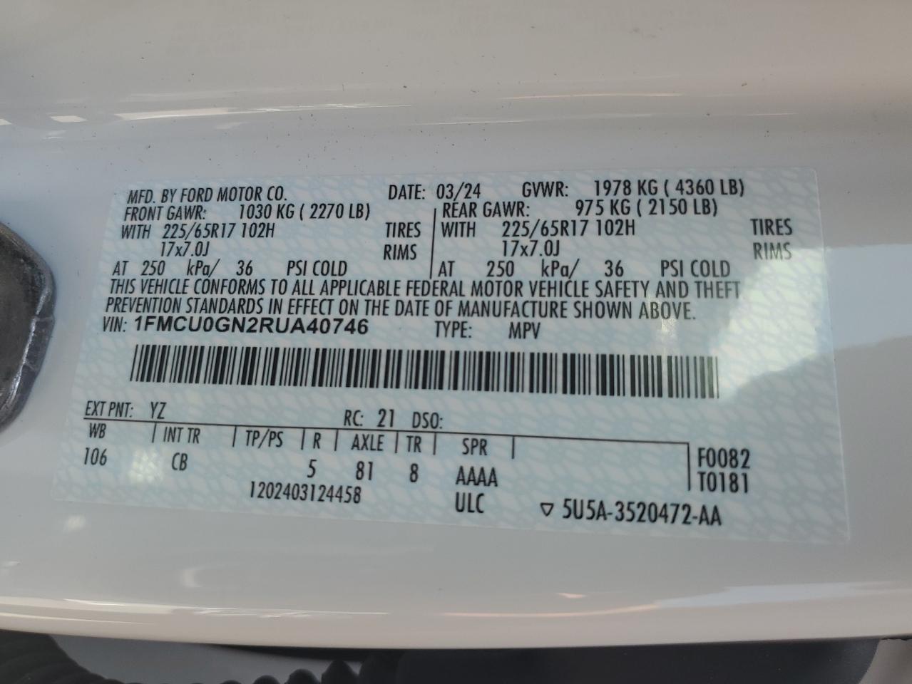 2024 FORD ESCAPE ACTIVE VIN:1FMCU0GN2RUA40746