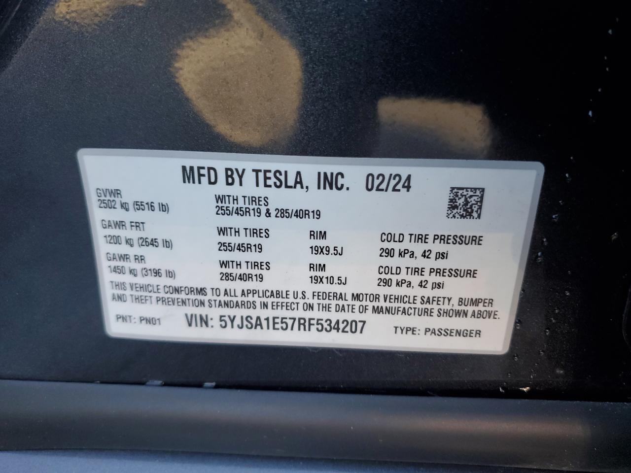2024 TESLA MODEL S VIN:5YJSA1E57RF534207