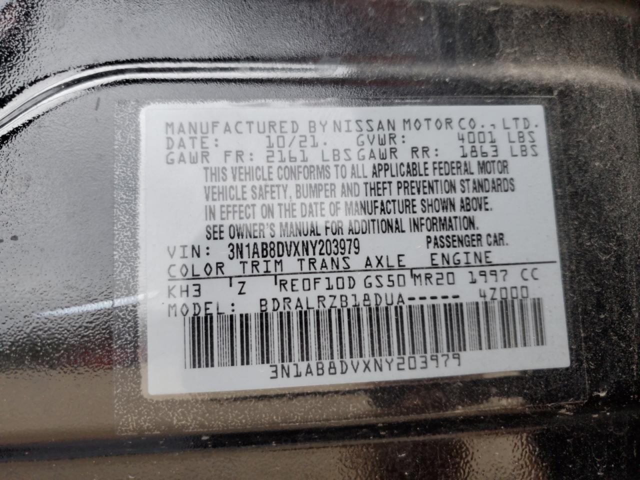2022 NISSAN SENTRA SR VIN:3N1AB8DVXNY203979