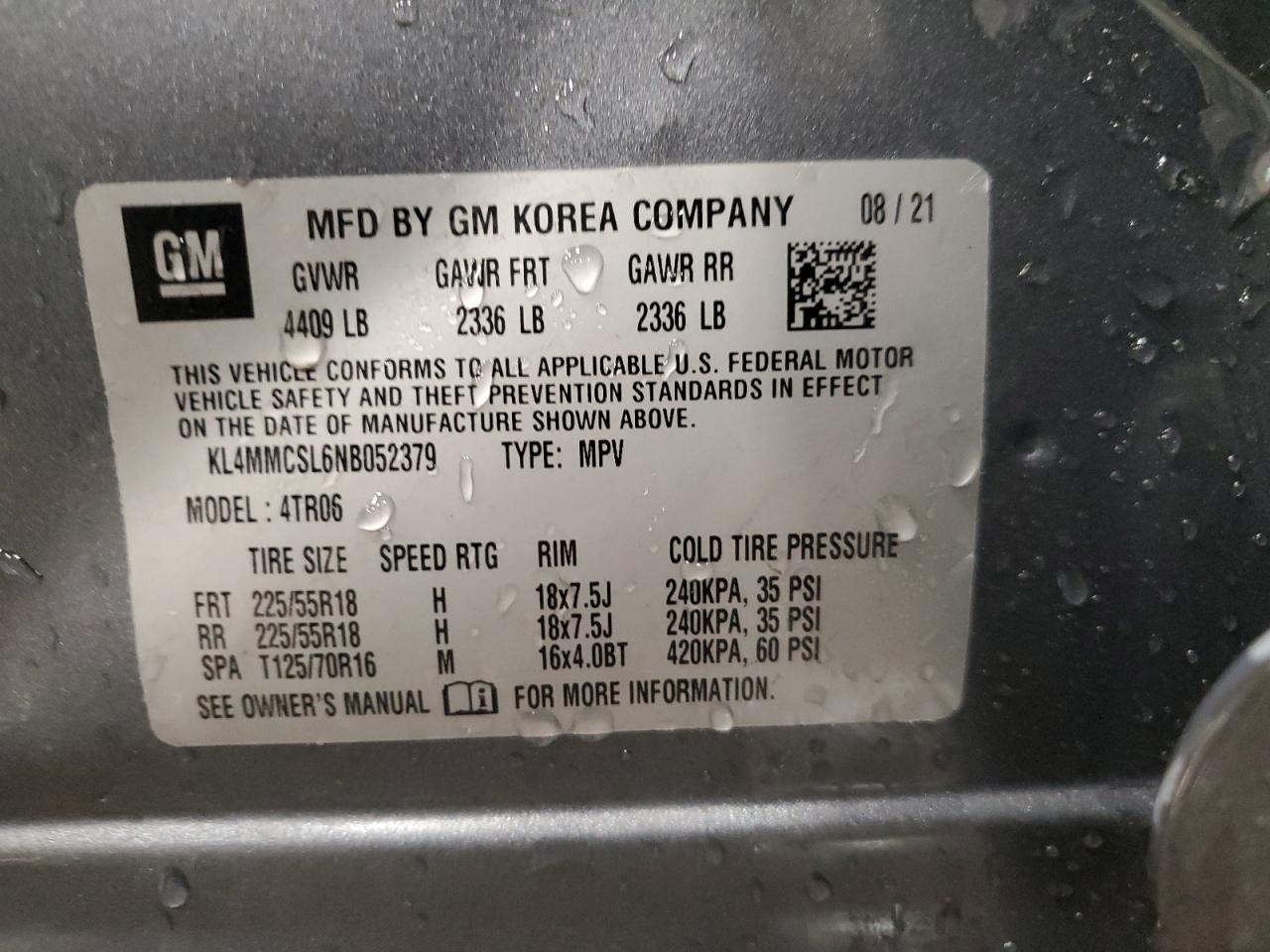 2022 BUICK ENCORE GX PREFERRED VIN:KL4MMCSL6NB052379