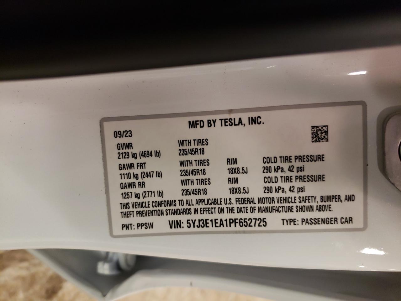 2023 TESLA MODEL 3 VIN:5YJ3E1EA1PF652725
