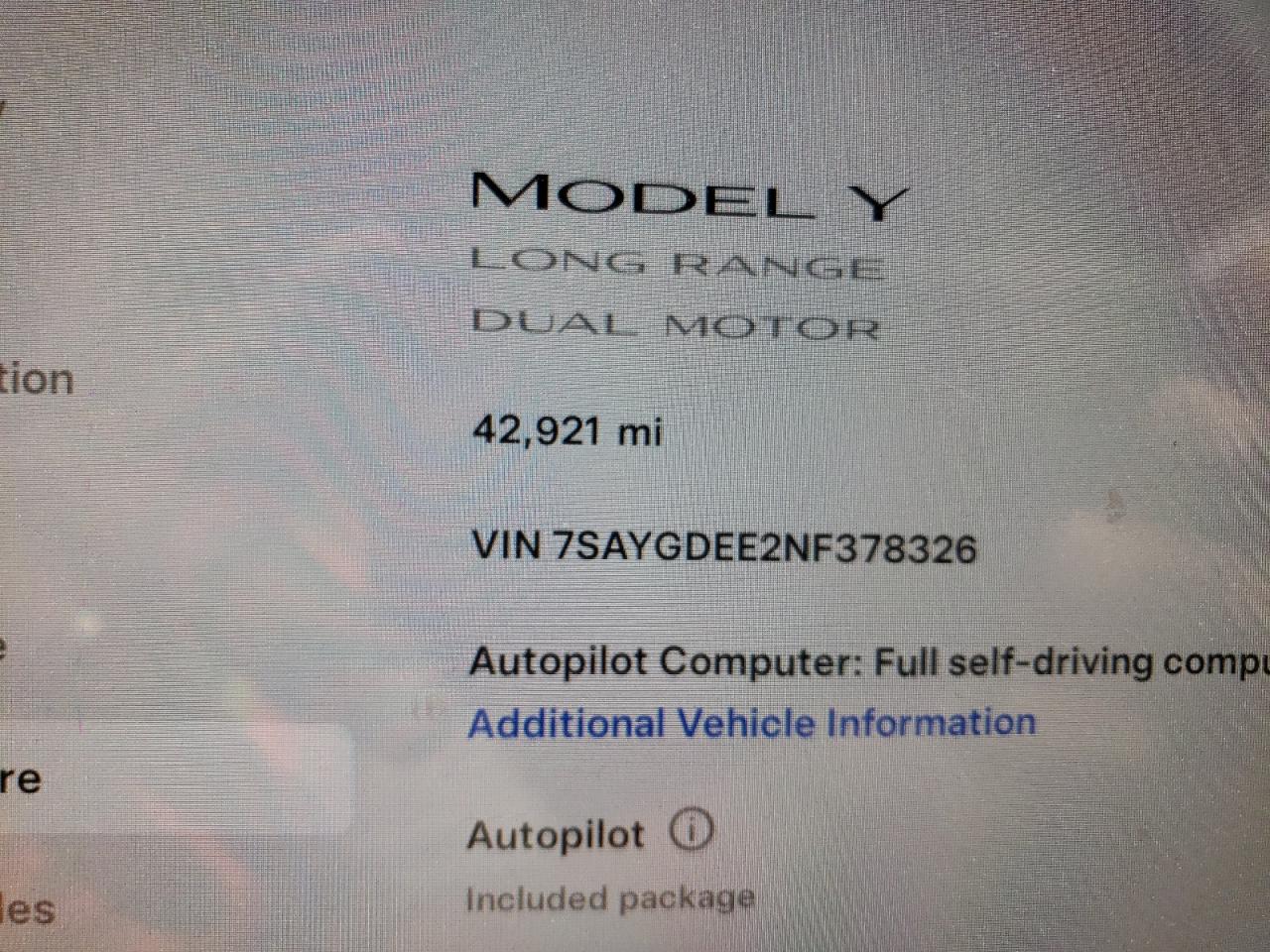 2022 TESLA MODEL Y VIN:7SAYGDEE2NF378326
